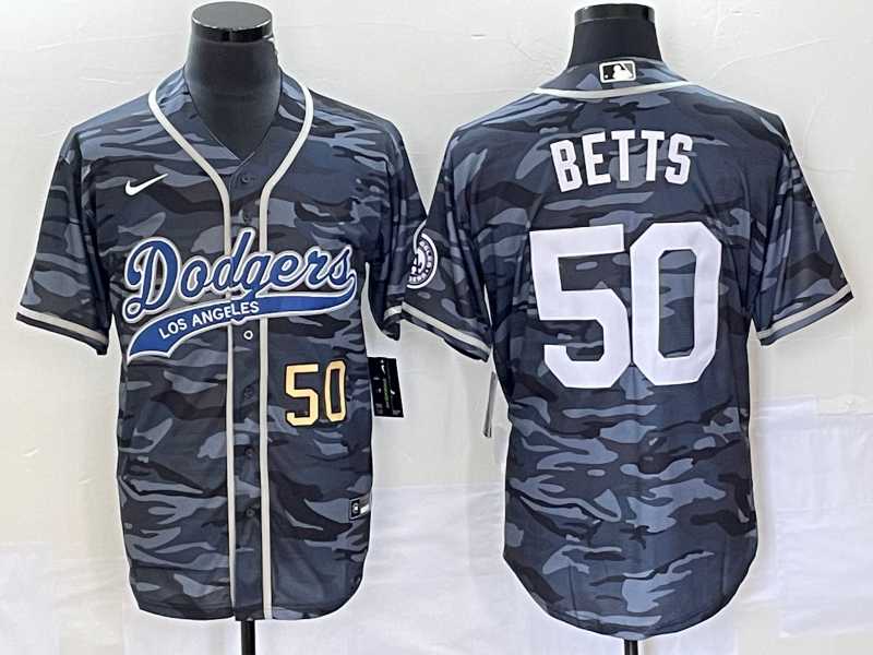 Men%27s Los Angeles Dodgers #50 Mookie Betts Number Gray Camo Cool Base With Patch Stitched Baseball Jersey->los angeles dodgers->MLB Jersey
